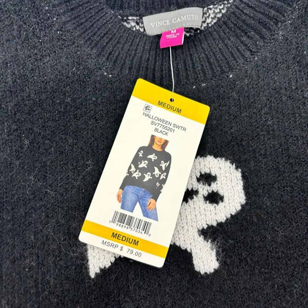 Vince Camuto Womens Medium Black White Ghost Halloween Sweater - Picture 6 of 16
